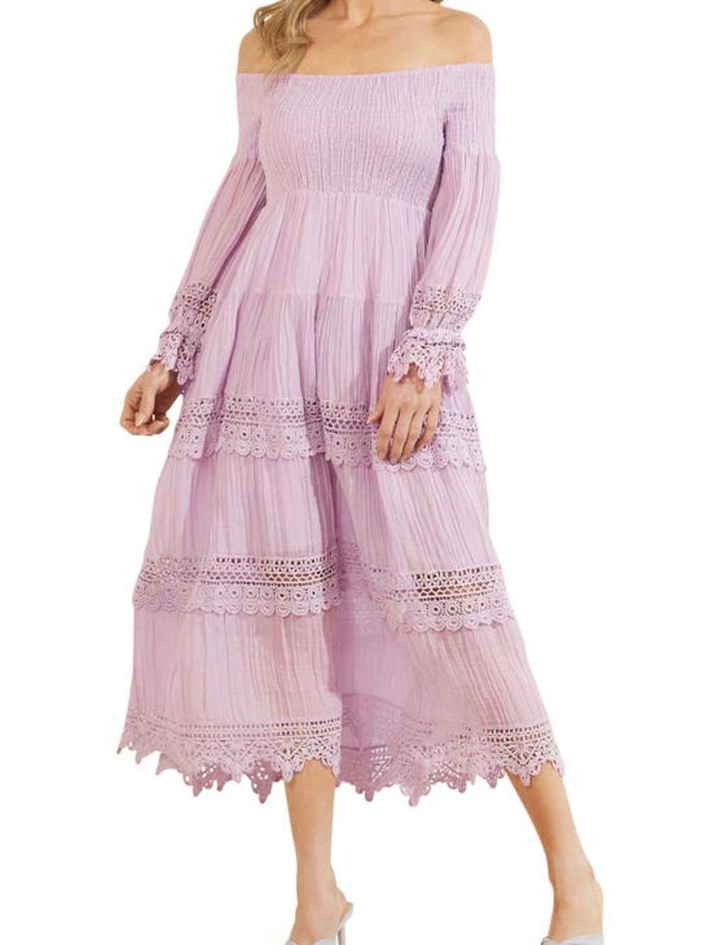 Guess One-Shoulder Lavender Tiered Lace Midi Dress